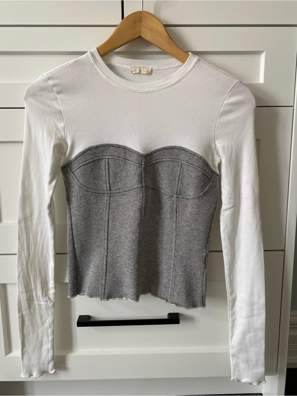Zara White and Gray Long Sleeve Corset-Panel Top